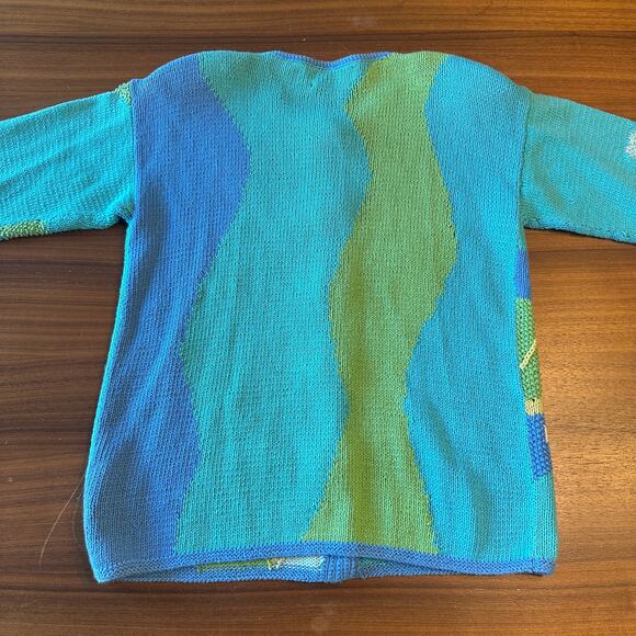 Segrets Sun Prints Vintage Hand Knit Grannycore Blue Cardigan, Cotton/Ramie Med - Picture 7 of 7